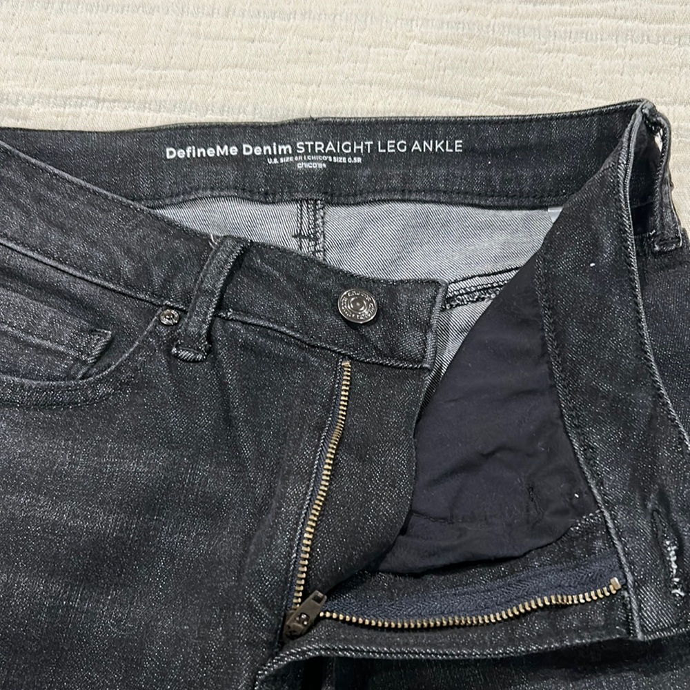 Chico’s denim, Define Me straight leg ankle, washed black with frayed ankles